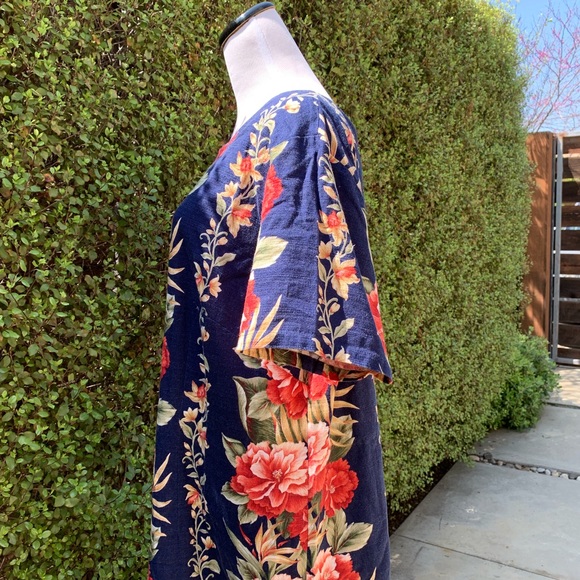 🌺 Vintage Hawaiian Barkcloth Mumu Dress Navy - Picture 8 of 8